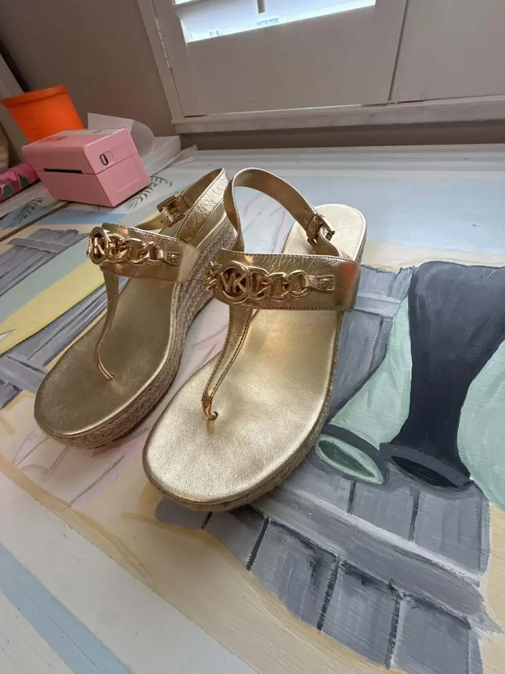 Michael Kors Roxane Metallic Gold T-Strap Espadrille Wedge Sandals